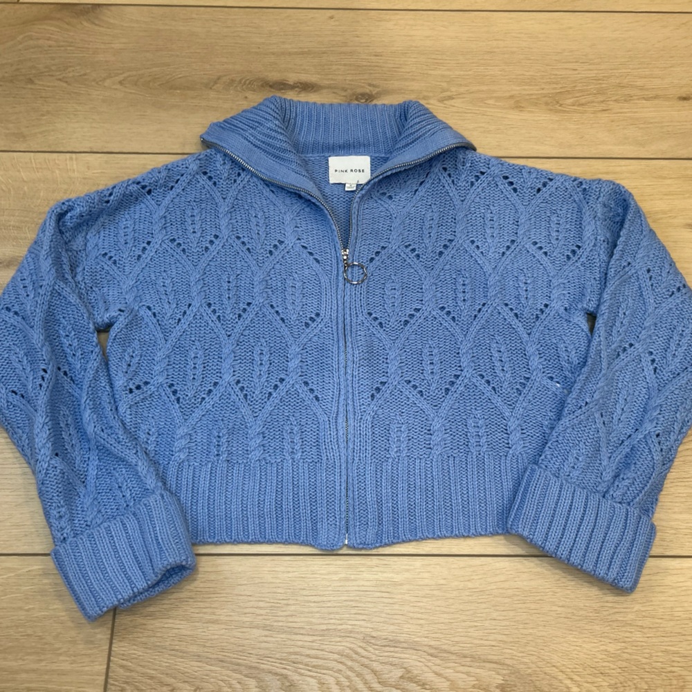 Pink Rose Blue knit Zip-Up Cardigan Sweater, Women's Size‎ small